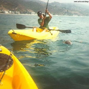 Justin Berfield fishing in a kayak-type canoe