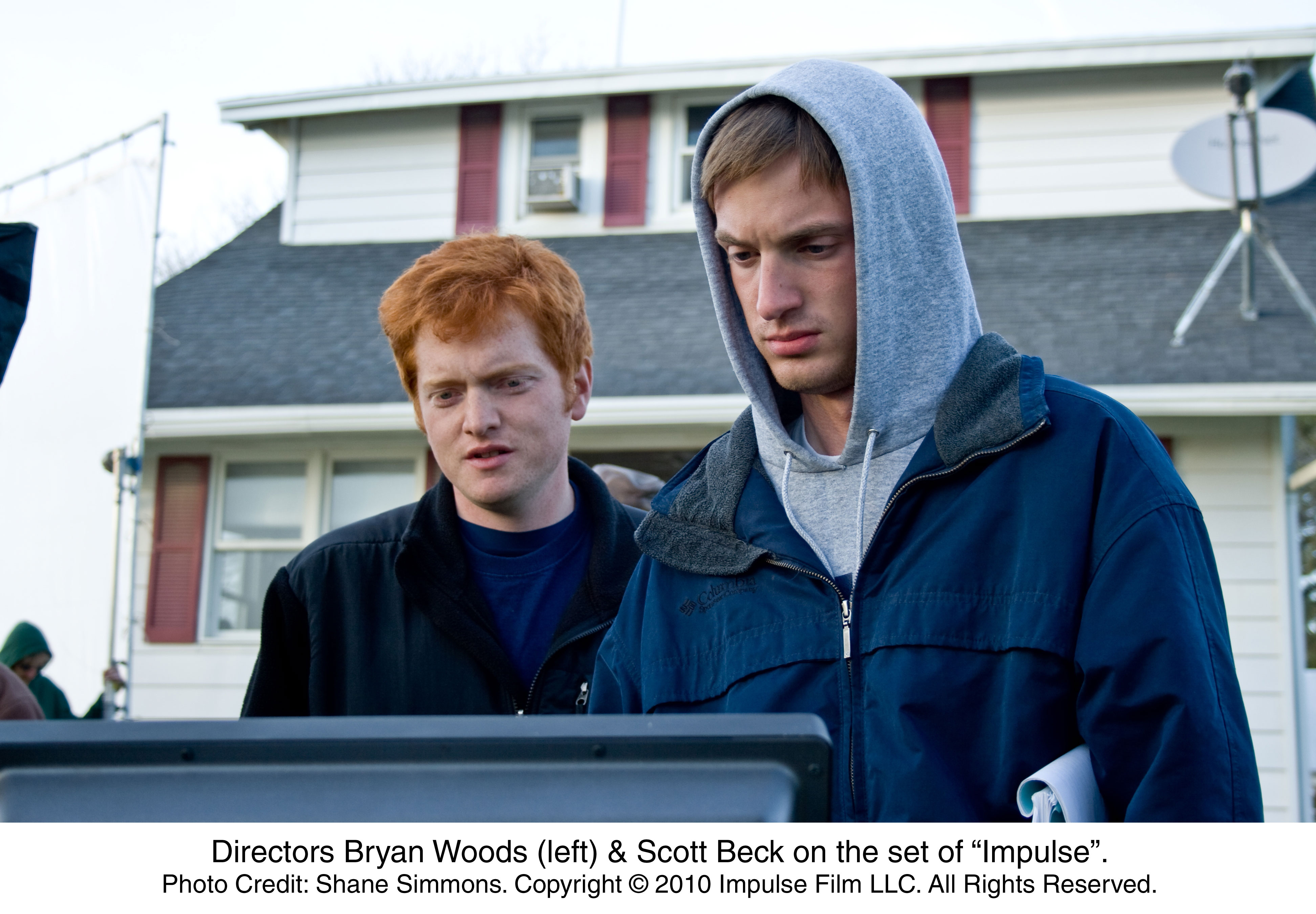 Directors Bryan Woods (left) and Scott Beck on the set of Impulse