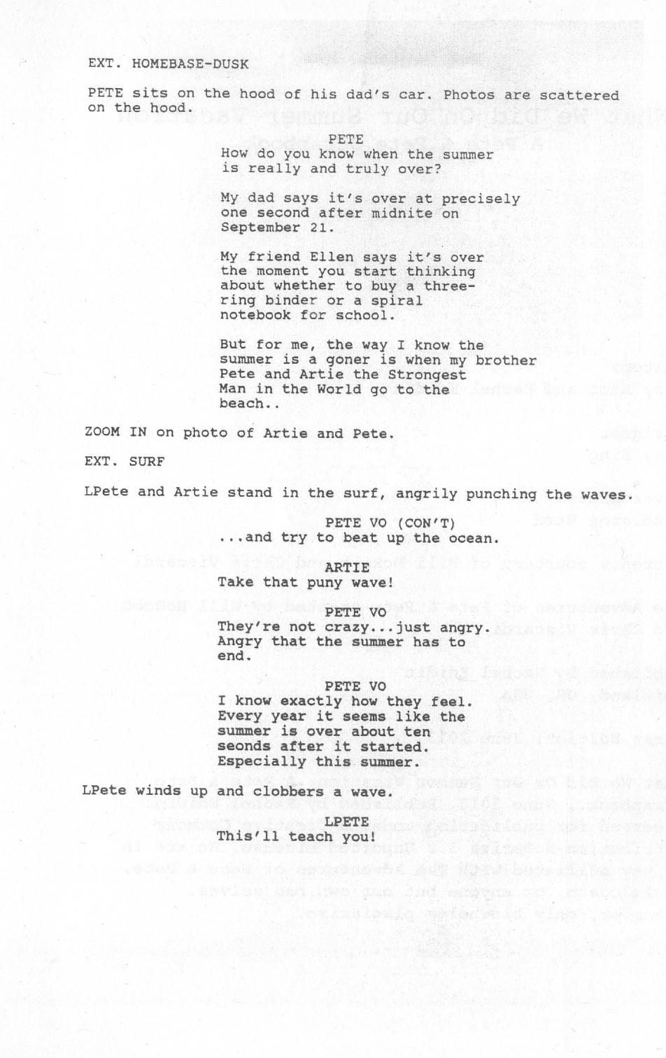 First page of the 'What We Did on Our Summer Vacation' script