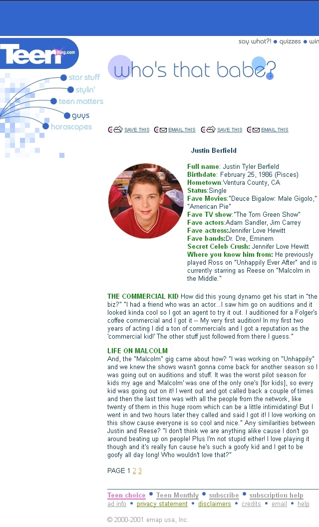 Justin Berfield, Teenmag.com online magazine feature, May 1, 2000